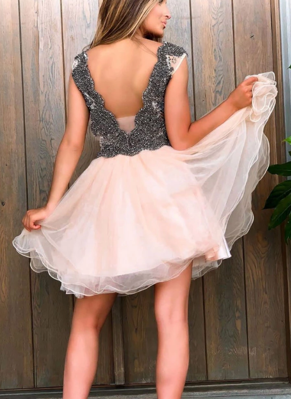 Cute v neck tulle beads short party dress tulle homecoming dress cg5192