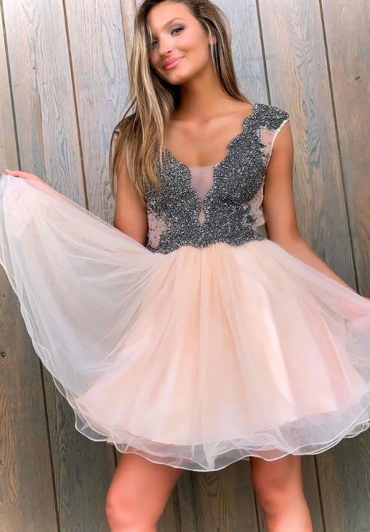 Cute v neck tulle beads short party dress tulle homecoming dress cg5192