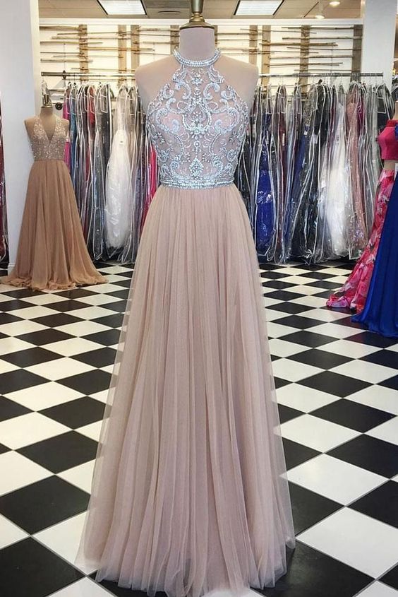 CHAMPAGNE TULLE BEADS LONG PROM DRESS, CHAMPAGNE EVENING DRESS cg5216