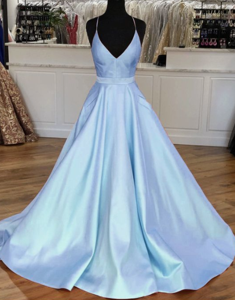 Light Blue Satin V-neck Cross Back Prom Dresses cg5221