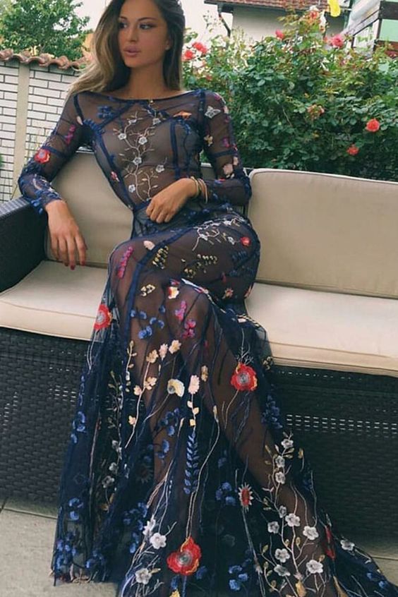 Sheath Bateau Long Sleeves Navy Prom Dress with Embroidery cg5239