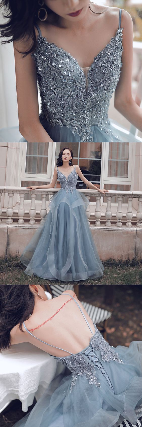 blue v neck tulle lace long prom dress, blue evening dress cg5246