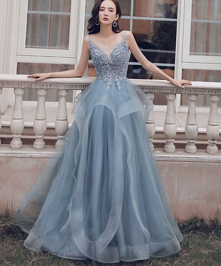 blue v neck tulle lace long prom dress, blue evening dress cg5246