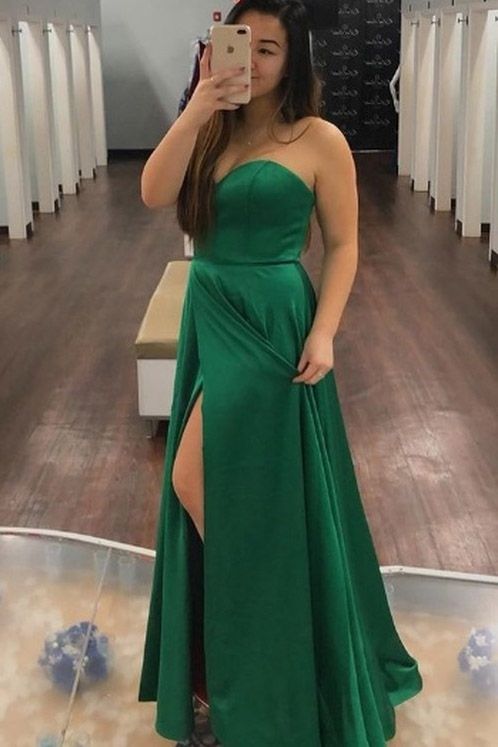simple sweetheart green long evening prom dress with slit cg5249