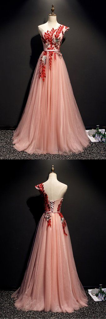 Pink Tulle One Shoulder Flower Lace Applique Long Prom Dress, Party Dress cg5273