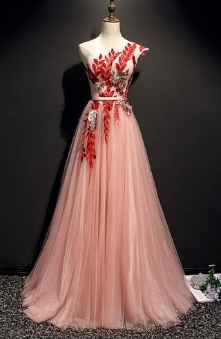 Pink Tulle One Shoulder Flower Lace Applique Long Prom Dress, Party Dress cg5273