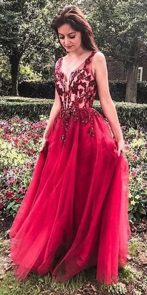 Fashion V neck Tulle A-line Red Long Prom Dress Beading Evening Party Gown cg5286