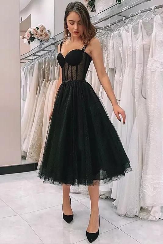 Sweetheart Bodice Black Tea Length Prom Dress cg5288