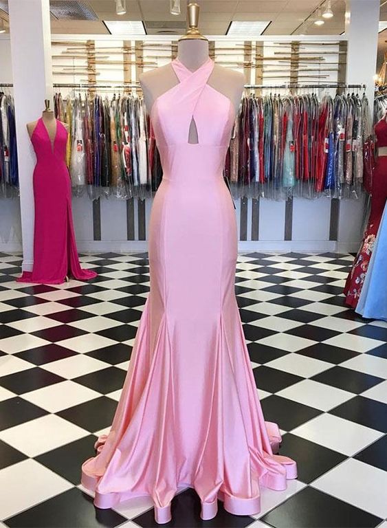 Off Shoulder Pink Satin Mermaid Prom Dress cg5296
