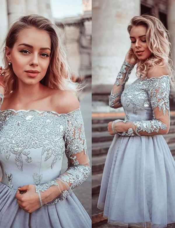 Off The Shoulder Gray Tulle Short Homecoming Dresses With Appliques cg532