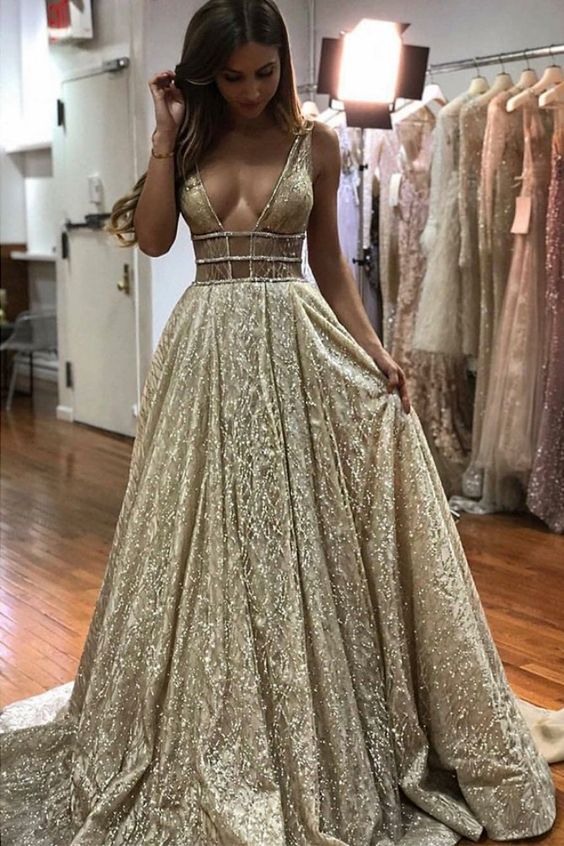 Sexy Deep V Neck Champagne Party prom  Dress cg5342