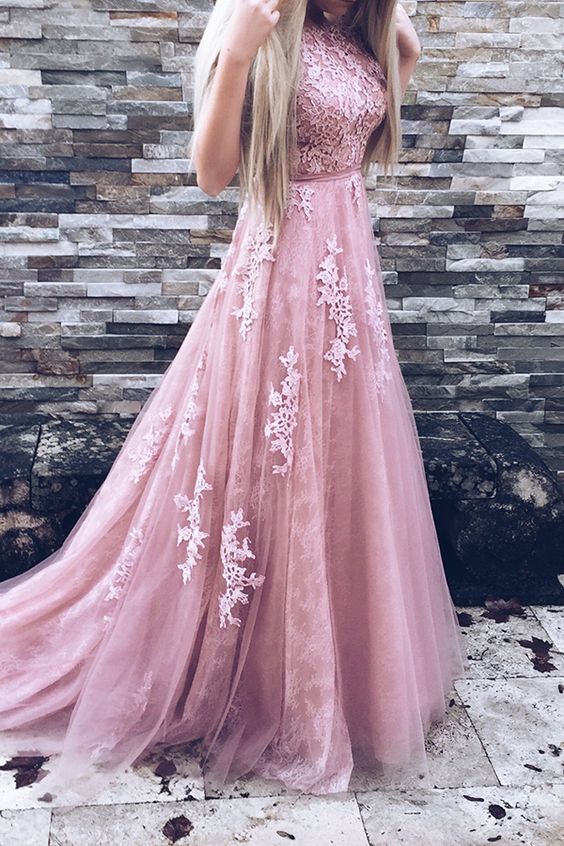 Cute Pink Round Neckline Tulle and Lace Long prom Gowns, Pink Party Gowns, Formal Gowns cg5381