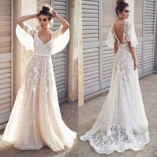Sexy Women V Neck Short Sleeve Lace Vintage Wedding prom Gown Evening Party Dress cg5414