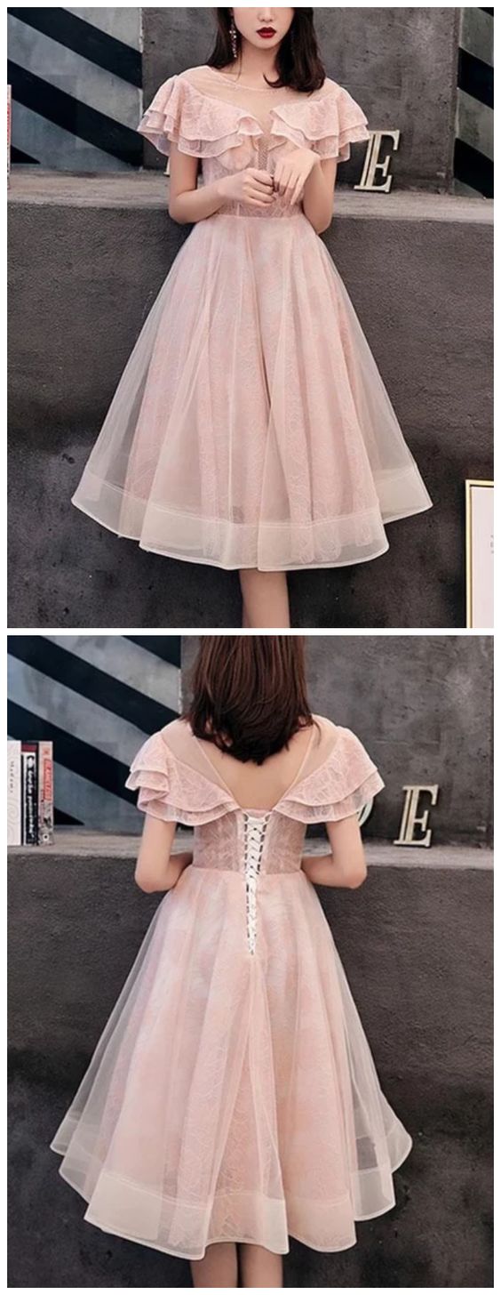 CUTE PINK TULLE LACE SHORT DRESS LACE HOMECOMING DRESS cg5416