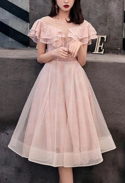 CUTE PINK TULLE LACE SHORT DRESS LACE HOMECOMING DRESS cg5416