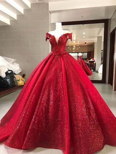 Elegant Red Ball Gown,Sparkly Sequin Quinceanera prom Dresses, cg5442