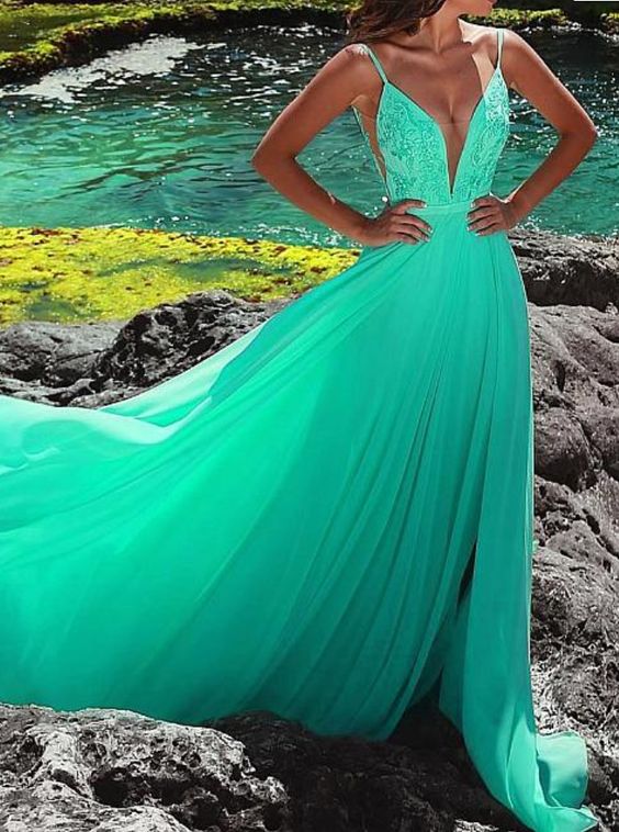 Sexy Deep V Neck Green Long Prom Dress with Straps, Sexy Evening Party Dress cg5497