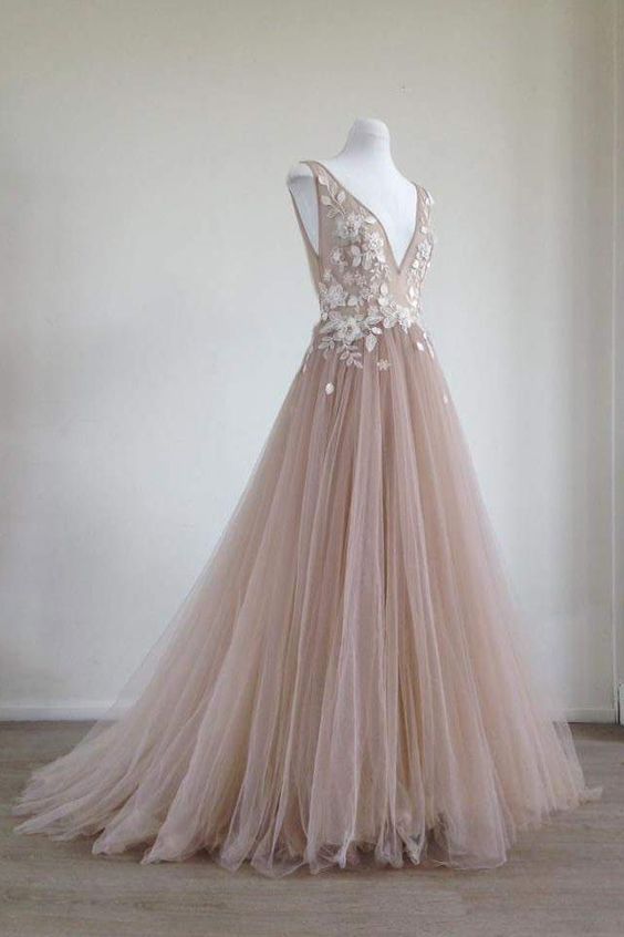 Unique champagne tulle lace applique long prom dress, champagne evening dress cg5502