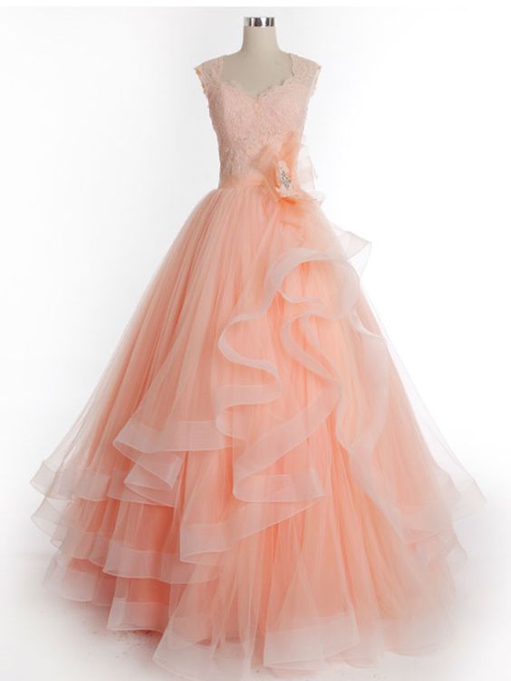 Peach Lace Princess Prom Formal Dress with Cap Sleeves cg5542