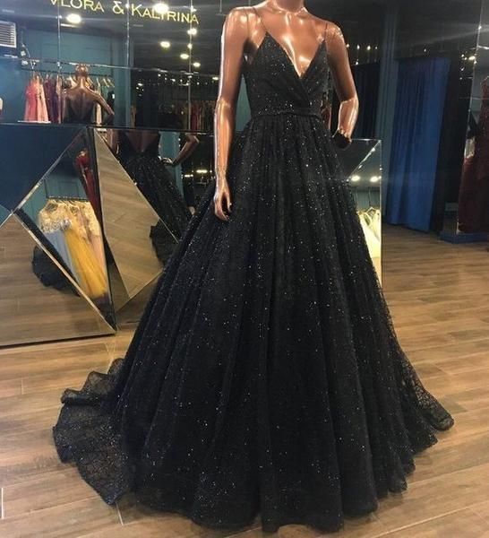 V Neck Sparkly Long Black Prom/Evening prom Dress,Shiny Sequin Lace Prom Evening Gowns cg5564