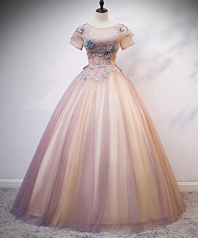 Pink Tulle Round Neck Sequins Long Formal Prom Dress With Sleeve   cg5576