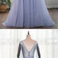 Dusty Blue Long Sleeves Deep V-neck Beaded Pearl Prom Dress, Formal Dress cg5588