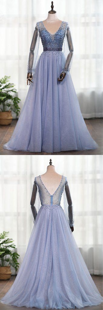 Dusty Blue Long Sleeves Deep V-neck Beaded Pearl Prom Dress, Formal Dress cg5588