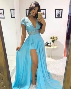 Cap Sleeve Blue Chiffon Prom Dress, Sexy Lace Evening Party Dress with Removble Skirt, Long Party Dress   cg5599