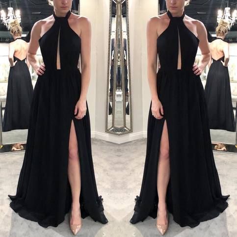 Sexy Black Chiffon Long Prom Dress with Side Slit cg5609