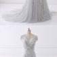 Spring Gray Tulle Long Mermaid Prom Dress, Beaded Lace Evening Gown  cg5628