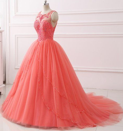 Coral Tulle Layered long Quinceanera Dress, Beaded Formal Prom Dress  cg5630