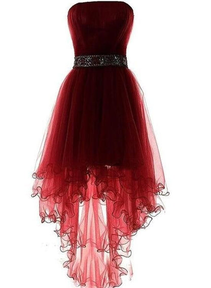 Wine Red Homecoming Dress, Burgundy High Low Party Dress with Beadings  cg5639