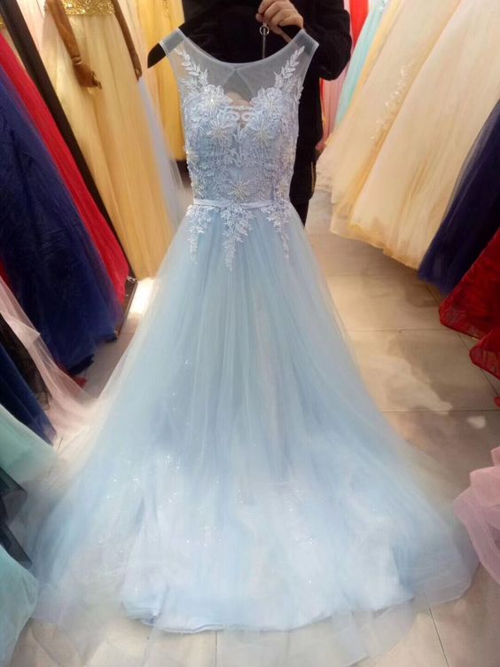 Light Blue Lace Applique Long Formal prom Dress 2020, Blue Evening Gowns  cg5675