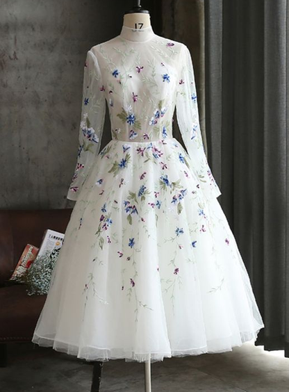 White flower lace long mid length party dress, long sleeves homecoming dress  cg5692