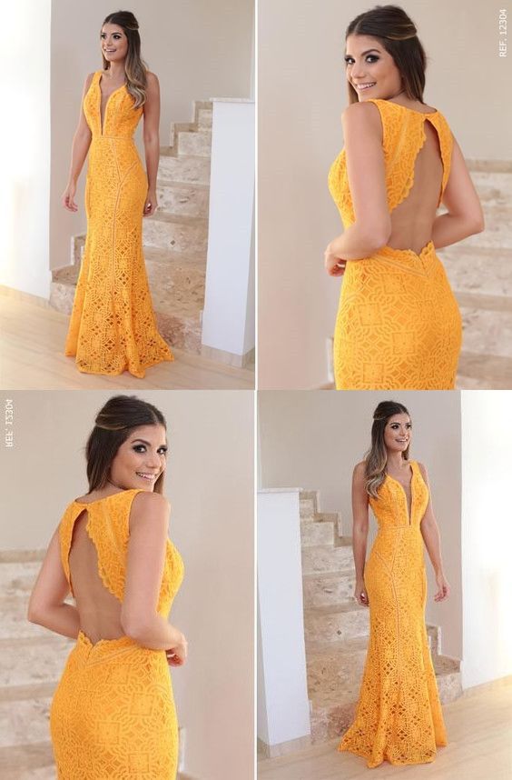 Yellow Lace Prom Dress, V-Neck Long Party Dress, Backless Mermaid Evening Dress   cg5709