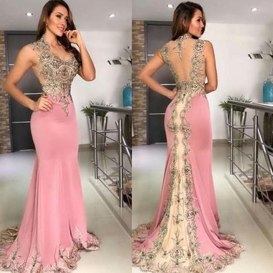 mermaid pink evening dresses long sleeveless lace appliqué beaded elegant evening prom gown 2020 formal dress  cg5728