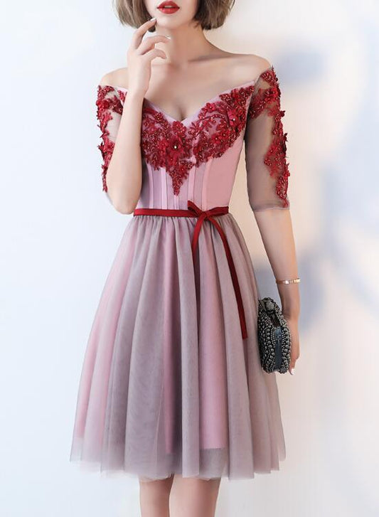 Elegant Pink Tulle V-Neckline Party Dress 2020, Pink Short homecoming Dress  cg5753