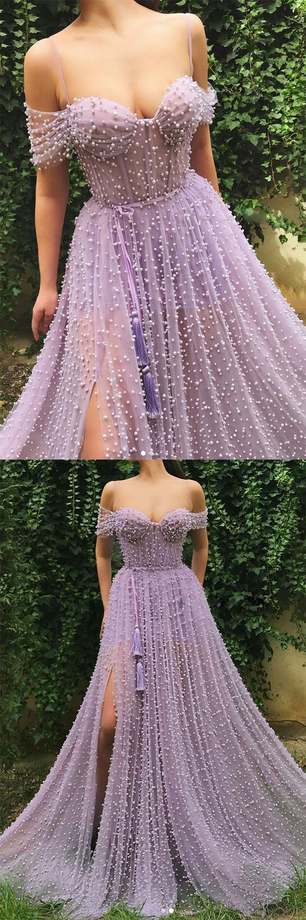 Purple sweetheart off shoulder tulle beads long prom dress  cg5761