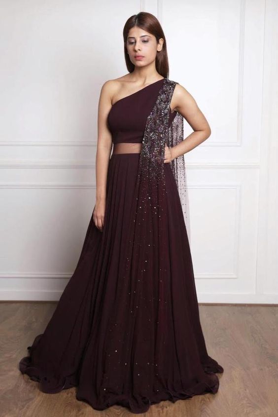 Burgundy one shoulder prom gown cg5802