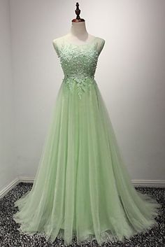 Light green tulle applique open back A-line long prom dresses,elegant evening dresses cg5824