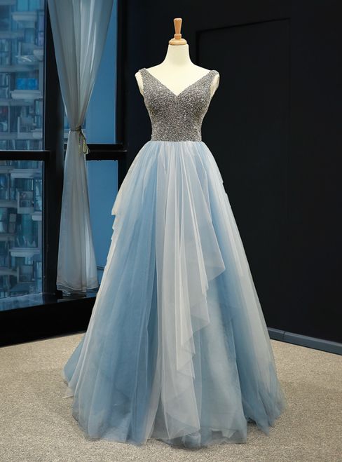 Gray Blue Tulle V-neck Backless Prom Dress With Beading  cg5830