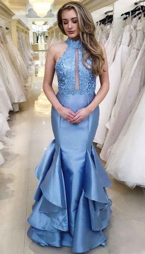 Mermaid High Neck Long Blue Prom Dress with Appliques Ruffles  cg5843