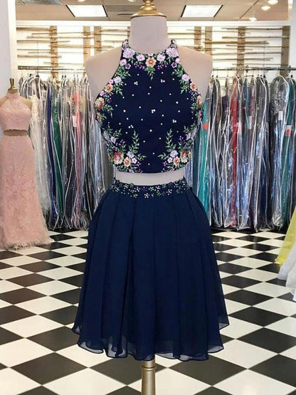 Sexy Two Pieces Navy Blue Short Homecoming Dresses With Halter Neckline,Affordable Homecoming Dresses cg590