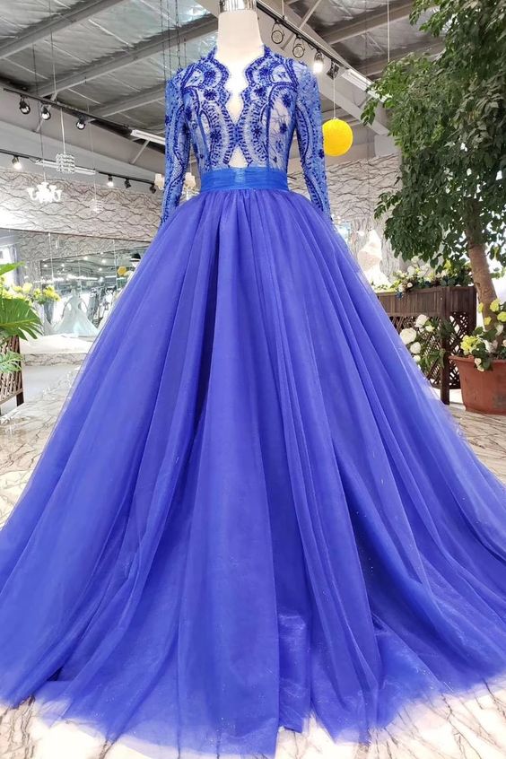 Elegant Blue Tulle Deep V Neck Long Sleeve Beads Ball Gown Prom Dresses with Lace up  cg5923