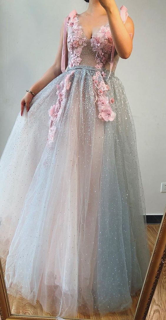 A-line V neck Beaded Pink Long Prom Dresses With Floral Beautiful Evening Gowns  cg5949