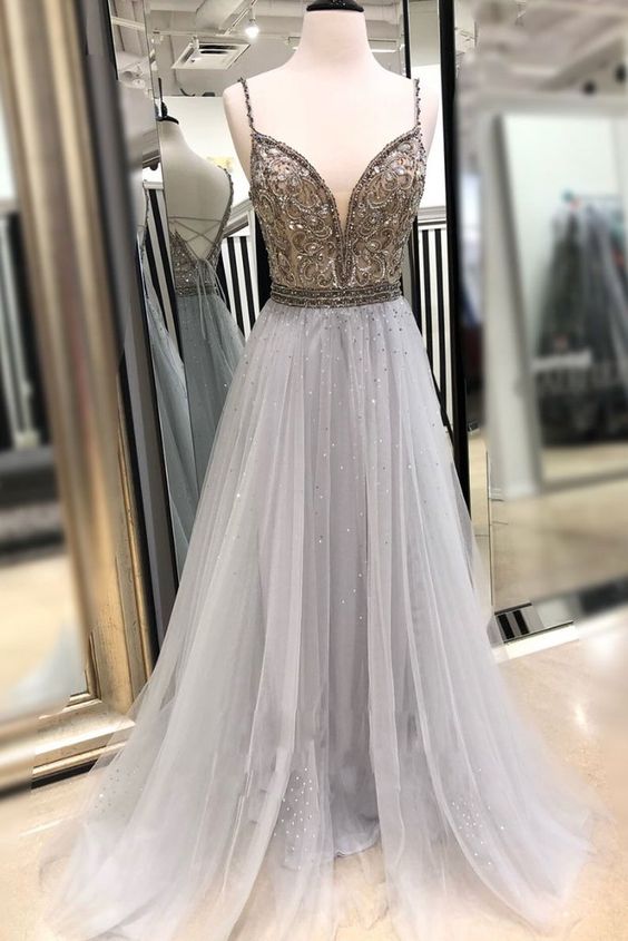 Unique Gray Tulle Bead Sequin Long Prom Dress, Gray Evening Dress  cg5965