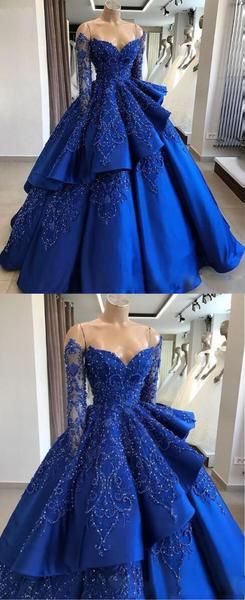 Unique blue lace long prom dress, blue long evening dress cg602