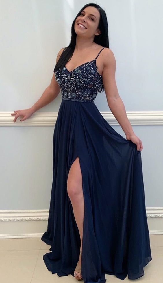 Charming Spaghetti Straps Evening Party Dress, Sexy Prom Dresses with Slit  cg603