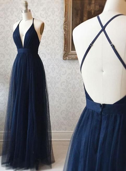 A Line V Neck Navy Blue Backless Prom Dresses, Dark Navy Blue Backless Tulle Evening Formal Dresses  cg606