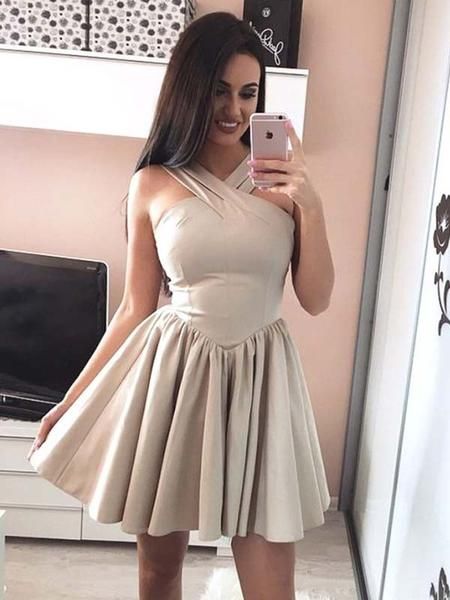 Simple Halter Sleeveless Satin Short Homecoming Dresses  cg6060